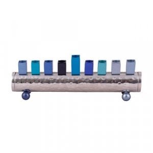 Yair Emanuel Cylinder Chanukah Menorah, Hammered Aluminum - Blue