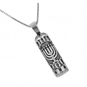 Sterling Silver Necklace with Mezuzah Pendant - Menorah Design