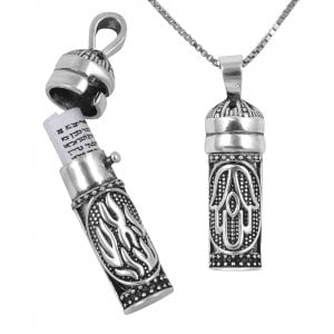 Sterling Silver Necklace with Mezuzah and Scroll Pendant HaEsh Sheli - My Fire & Hamsa