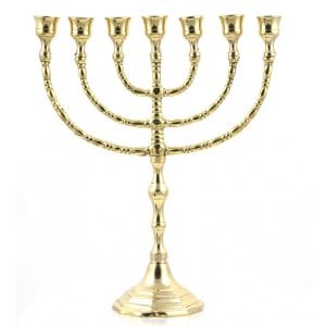 Seven Branch Menorah, Gleaming Gold Brass in Classic Design - Option 10" or 12"