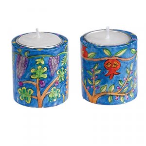 Yair Emanuel Small Hand Painted Circular Wood Candlesticks - Seven Species