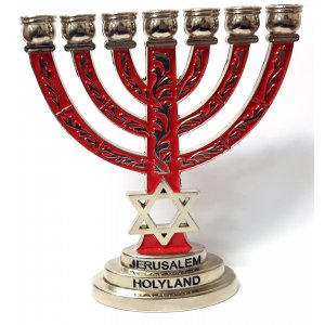 Small Decorative 7-Branch Menorah Star of David, Red and Silver - 4" Inches High