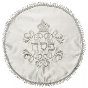 White Satin Passover Matzah Cover with Embroidered Crown Design - Silver
