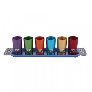 Yair Emanuel Six Small Kiddush Cups with Tray, Pomegranate Cutout - Colorful