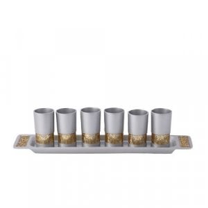 Yair Emanuel Six Small Silver Kiddush Cups with Tray, Gold Jerusalem Cutout