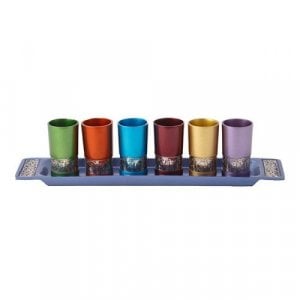 Yair Emanuel Six Small Kiddush Cups with Tray, Jerusalem Cutout - Colorful