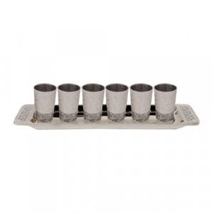 Yair Emanuel Six Small Kiddush Cups with Tray, Jerusalem Cutout - Silver