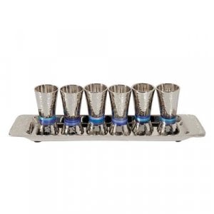 Yair Emanuel Six Hammered Aluminum Kiddush Cups and Tray - Blue Bands