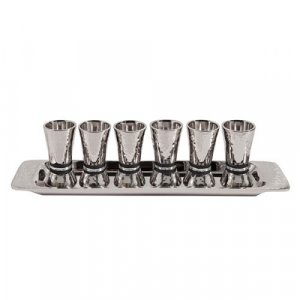 Yair Emanuel Six Hammered Aluminum Kiddush Cups and Tray - Black Bands