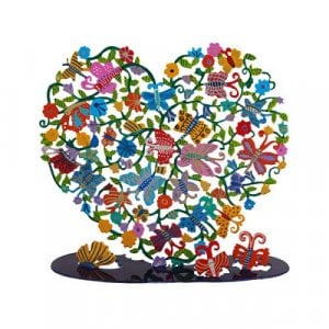 Yair Emanuel Large Hand Painted Heart on Stand - Numerous Butterflies and Flowers