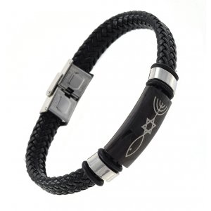 Leather Style Black Bracelet with Metal Centerpiece - Religious Symbols