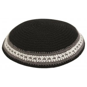 Black Knitted Kippah with White and Gray Border