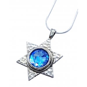 Roman Glass Hammered 925 Sterling Silver Necklace with Star of David