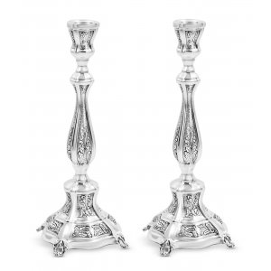 Sterling Silver Shabbat Candlesticks - Leaf Design on Hammered Background