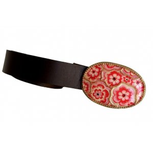 Woman's Belt with Oval Pink Flower Design Buckle by Iris Design