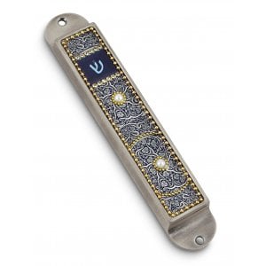 Iris Design Handcrafted Pewter & Enamel Beaded Mezuzah Case - Dark Blue Swirls