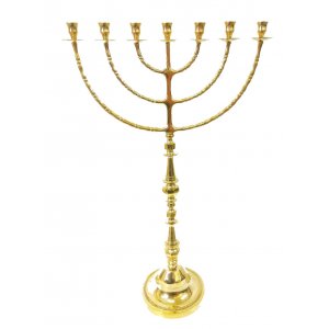 Extra Large Seven Branch Menorah on Stem, Gold Colored Brass - 32"