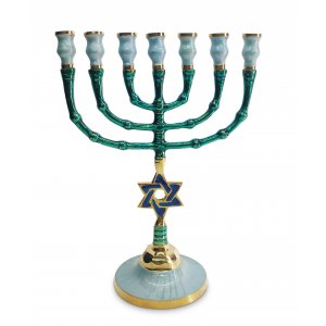 Seven Branch Menorah with Star of David, Shades of Blue Patina and Gold - 10"