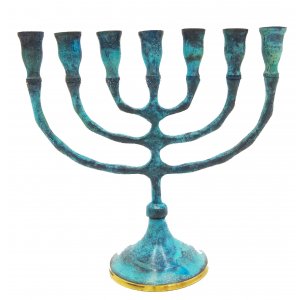Seven Branch Menorah, Brass with Blue Patina Enamel Overlay – 6.5"