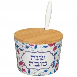 Rosh Hashanah Bamboo Honey Dish with Red and Blue Pomegranate Design  Lid and Spoon