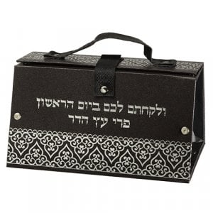 Faux Leather Handbag Etrog Box, Geometric Design - Silver Hebrew Wording