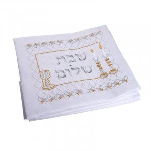 Embroidered Festive White Shabbat Tablecloth - Gold and Silver Shabbat Images