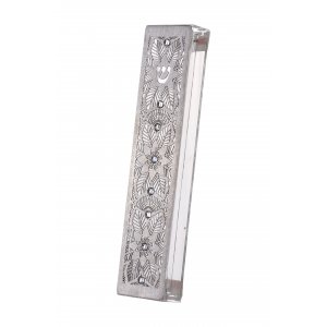 Dorit Judaica Acrylic Steel Mezuzah Case, Cutout Leaf Design - Clear Crystals