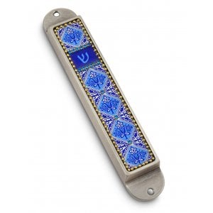 Iris Design Handcrafted Pewter & Enamel Beaded Mezuzah Case - Blue Flowers