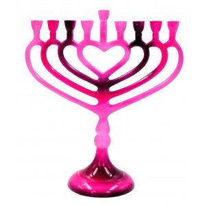 Pink Chanukah Menorah on Stem with Heart Outline - For Candles