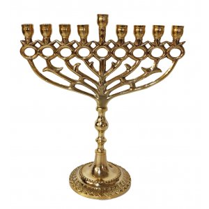Gold Copper Chanukah Menorah Pomegranate Design, for Candles - 10 Inches