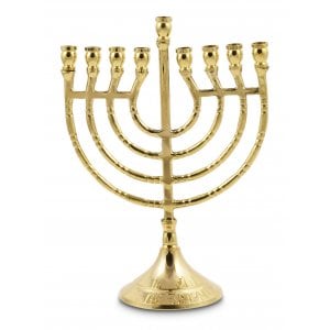 Gold Metal Chanukah Menorah, Lyre Image, For Candles - 9 Inches