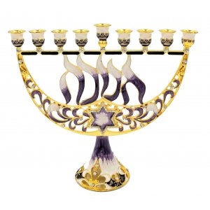 Enamel Menorah with Star of David & Chanukah, Gold and Purple - For Decoration