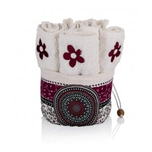 Dorit Judaica Six Flower Hand Washing Towels in Maroon Mandala Decorated Holder