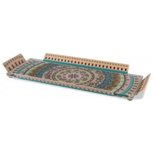 Dorit Judaica Serving Tray with Glass Top - Colorful Pomegranates & Mandala