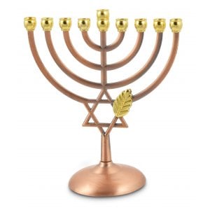 Bronze Color Chanukah Menorah with Star of David and Leaf Design - 7 Inches