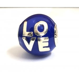 Sterling Silver Bracelet Charm - Blue Enamel with Word Love in English