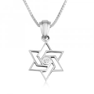 Sterling Silver Pendant Necklace - Angular Star of David with Crystals
