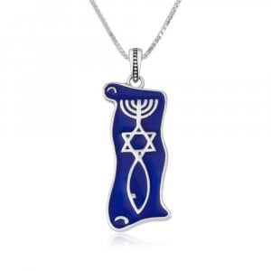 Sterling Silver Pendant Necklace, Blue Enamel - Menorah, Star and Fish Symbol