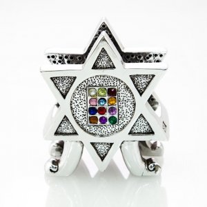 Silver Plated Napkin Holder with Colored Stones - Star of David, Choshen