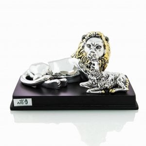 Image of Lion and Lamb on Wood Base - Silver Plated with Gold Accents, 2 Sizes