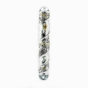 Mezuzah Case, Silver Plated with Gold Accents – Curving Jerusalem Images