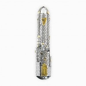 Jumbo Size Mezuzah Case, Silver Plated with Gold Accents - Jerusalem Design
