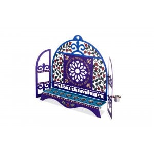 Dorit Judaica Window Menorah with Pomegranates & Hebrew Song Words - For Candles