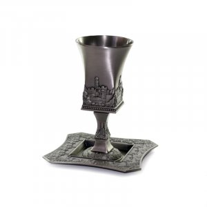 Kiddush Cup on Stem and Tray, Square Shape with Jerusalem Design - Pewter