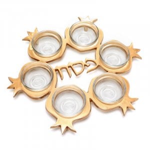 Pomegranate Shaped Seder Plate with Six Glass Bowls  Gold