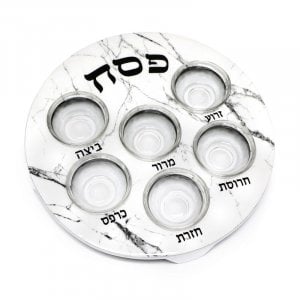Pesach Passover Seder Plate with Six Glass Bowls - White Gray Marble Design