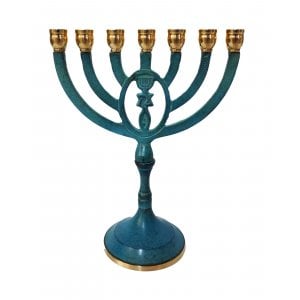 Seven Branch Menorah with Framed Oval Grafted In Design, Blue Patina - 8"