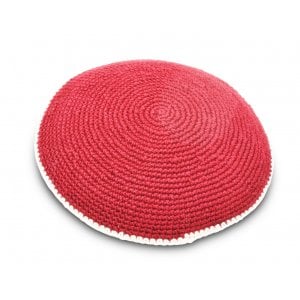 Hand Knitted Cotton Kippah - Deep Maroon with Beige Border