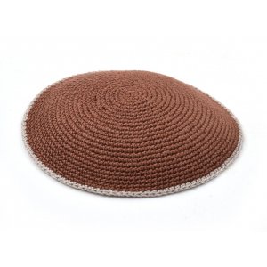 Hand-Knitted DMC Cotton Kippah - Solid Brown with Beige Border