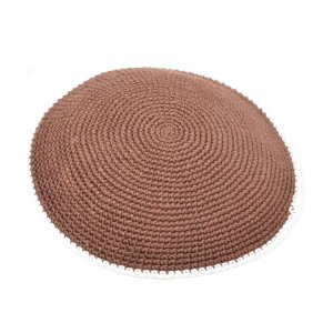 Hand Knitted Cotton Kippah - Solid Brown with White Border